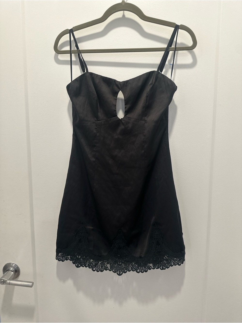 More To Come Black Satin Silk Mini Dress Lace Trim XS Slip Dress Trendy Revolve